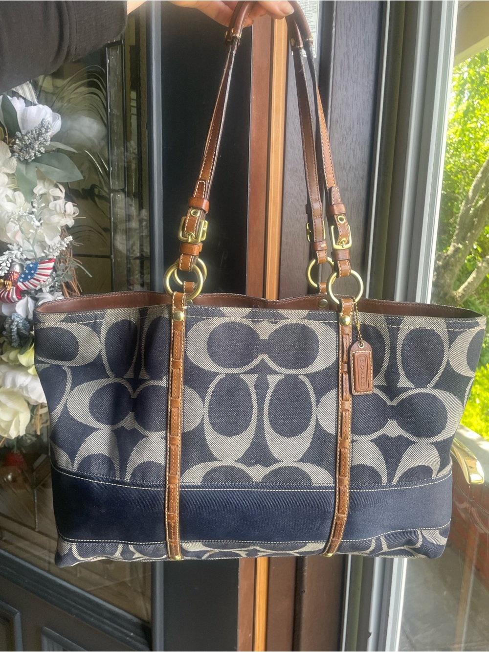 Coach rare vintage Signature denim legacy Canvas Tote Bag in Navy and Brown